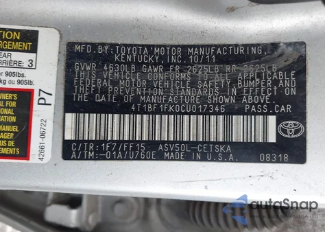 2012 Toyota Camry Se из США, поврежденный, VIN 4T1BF1FK0CU017346